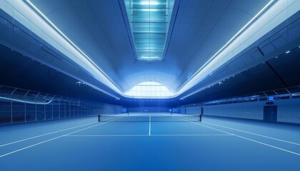 The clean lines and modern design of a tennis stadium at dusk, illuminated by subtle, futuristic glow, offering a tranquil visual with copy space