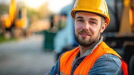 Fototapeta premium Young male construction worker with beard smiling, wearing safety vest and hard hat