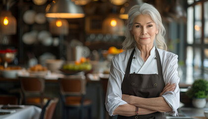 Fototapeta premium featuring an older woman as a celebrated chef in her own gourmet restaurant, her presence commanding and graceful among the elegant setting, positive changes, Business, with copy s