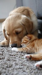A cat and a Labrador dog sleep together on the carpet in the house. The kitten and puppy are dozing. Pets playing. Animal care. Love and friendship. Pets vertical photo