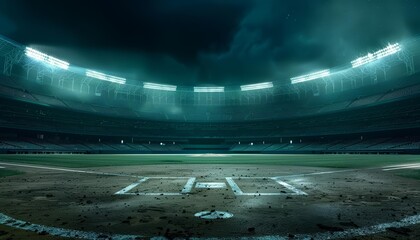 The solitude of an empty baseball stadium, transformed into a scene from a scifi film with hightech imagery and visionary lighting, includes copy space