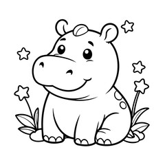 Vector illustration of a cute Hippo drawing for toddlers colouring page