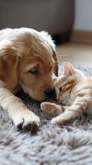 A cat and a Labrador dog sleep together on the carpet in the house. The kitten and puppy are dozing. Pets playing. Animal care. Love and friendship. Pets vertical photo