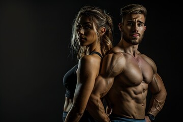 Fitness couple of athletes posing on black background