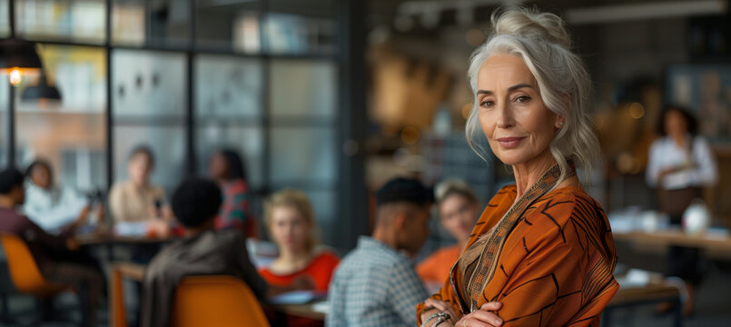 capturing a stylish older woman in a creative workspace, leading a design meeting with younger team members, her fashion and demeanor inspiring admiration, positive changes, Busine - Powered by Adobe
