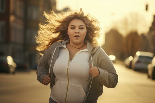Confident woman enjoys a sunset jog through city streets, promoting body positivity and an active lifestyle - Powered by Adobe