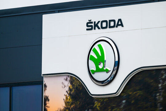 Gothenburg, Sweden - March 01 2024: Skoda logo on the facade of a car dealership.