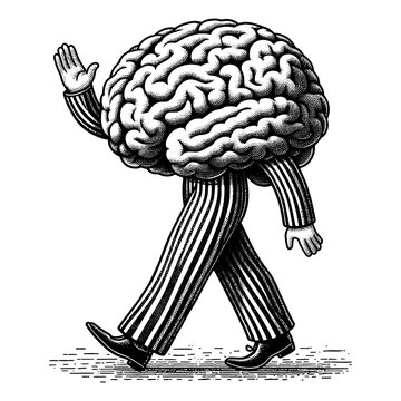 walking anthropomorphic brain with a hand raised, dressed in a striped suit, depicting mental activity or intelligence sketch engraving generative ai PNG illustration. Black and white image.