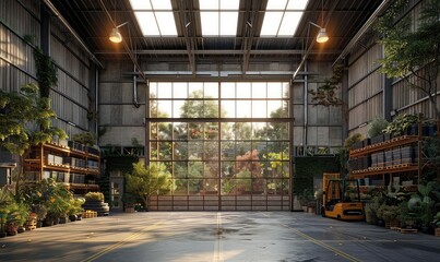 Create a photorealistic image of the interior of a modern warehouse