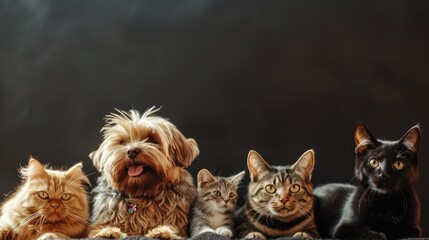 An image featuring various pets including dogs and cats sitting together with a dark background