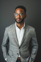 Fototapeta premium Man in Suit and Glasses Standing in Front of Building