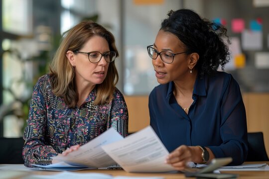 Two diverse businesswomen discussing paperwork