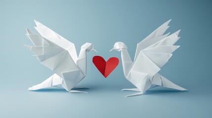 Love and compassion conveyed through two white dove origami bearing heart shape on blue backdrop