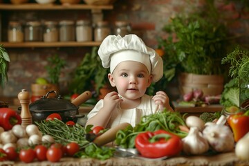 Wonderful child cook in surroundings vegetables