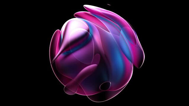 3D render of abstract art video of surreal alien ball flower in spherical round wavy smooth soft biological lines forms in transparent plastic in pink purple blue gradient color on black background