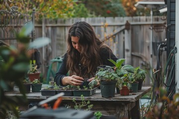 Young woman potting plants while gardening