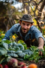 Man Kneeling in Garden