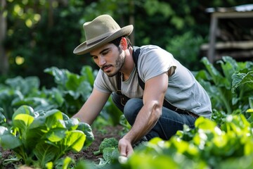 Man Kneeling in Garden