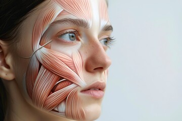 Young woman with half of face with muscles structure under skin. Model for medical training on a light background. Close up portrait of face human anantomy. 