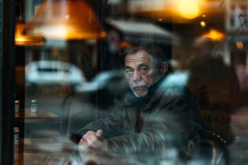 Contemplative man sitting in cafe seen through glass window - Powered by Adobe