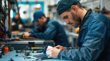 A focused worker in a cap assembles electronics on a factory floor with precision