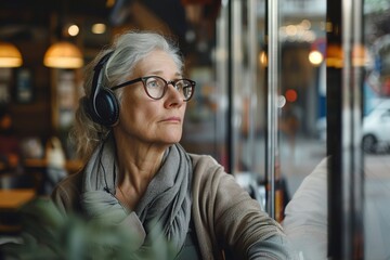 Thoughtful mature woman wearing wireless headphones sit - Powered by Adobe
