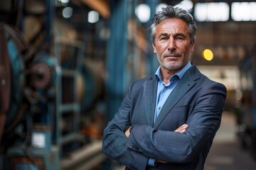 Fototapeta premium Mature businessman with arms crossed in industry