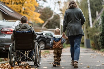 Mother carrying son looking at father in wheelchair by - Powered by Adobe