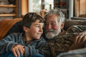 Senior man and boy leaning on elbows lying down at home