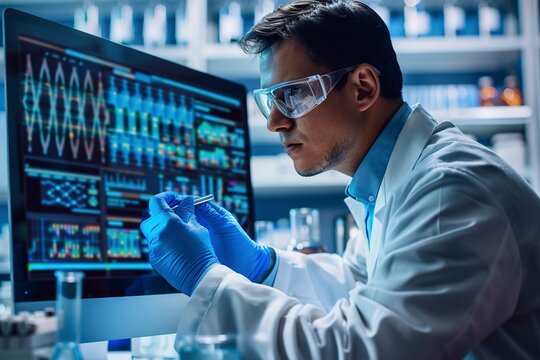 Scientist analyzing data on computer in laboratory