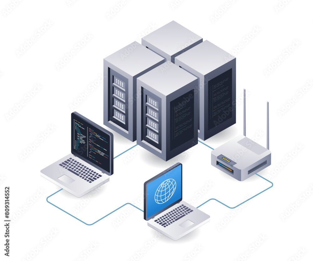 Poster network wifi internet server technology analyst infographic illustration 3d flat isometric