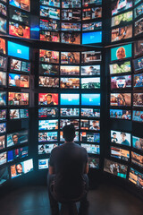 man surrounded by multiple TV screens, video wall showcasing variety of multimedia content, online broadcasting and streaming concept