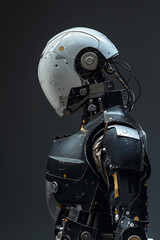 A futuristic robot stands tall, with a sleek helmet strapped to its back, ready for its next intergalactic adventure