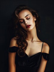 Fototapeta premium An artistic image of a woman with curly hair and red lipstick, her eyes closed in a serene expression