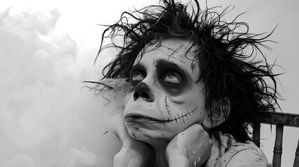 Fototapeta premium A person with a skeleton face sitting in front of the camera, AI