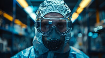 A man in a gas mask and protective suit with goggles, AI