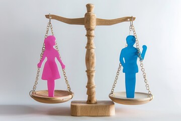 ?oncept of gender equality. Scales with pink female figure and blue male figure. Equivalence, equal rights, gender equality, different genders social issues , wage gap, pay disparity, equal pay issues