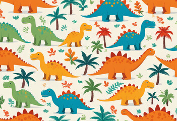 Seamless pattern with cute dinosaur on light background. Flat style vector illustrations can be used for packaging paper, fabric, textile, wrapping paper, fabric, textile, etc.
