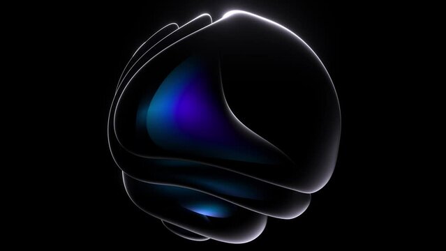3d render abstract art video of surreal 3d ball sphere in curved wavy round and spherical lines forms in transparent fluorescent plastic material with glowing blue neon color parts on black background