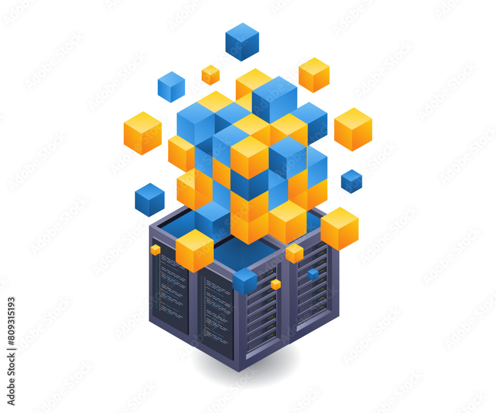 Aufkleber management blockchain server technology isometric flat illustration