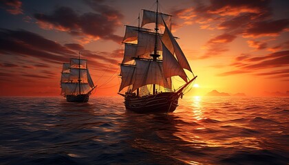 Fototapeta premium Sailing boat in the Mediterranean sea during scenic sunset.Luxury yacht and cruise holiday.Regatta sailing ship yachts with at opened sea. Aerial view of sailboat in windy condition.