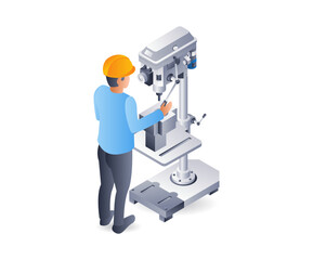 Manual drilling machine system operator, flat isometric 3d illustration infographic