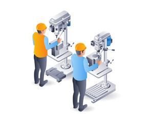 Manual drilling machine operator, flat isometric 3d illustration infographic