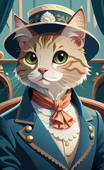 Fashion and Feline Grace: Illustration of a she-cat in a Traveling Suit