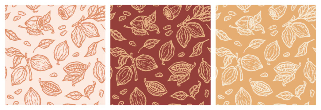 Set of Three Seamless Floral Patterns with Cacao Pods. Outline Cocoa Beans and Leaves. Tropical Fruits. Great for Packaging design of Chocolate or cocoa powder. Vector illustration