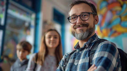 Obraz premium smiling Caucasian middle-aged adult male teacher with his students at school smiling looking at the camera. concept of teaching children at school modern approach
