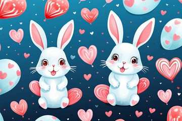 Cute baby rabbit seamless pattern with roses heart, hand drawn flower background. vector cartoon illustration for nursery, poster, birthday greeting cards, baby shower, textile printing