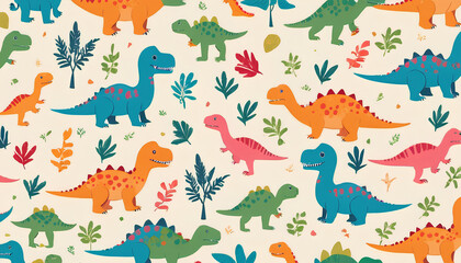 Seamless pattern with cute dinosaur on light background. Flat style vector illustrations can be used for packaging paper, fabric, textile, wrapping paper, fabric, textile, etc.
