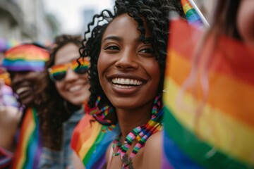 Joyful Participant Celebrating at an Outdoor Pride Parade During a Sunny Day