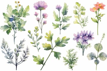 Watercolor paintings, a set of purple flowers in many shapes that can be put together. picture on a white background